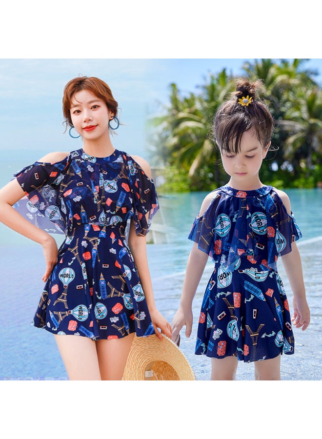 Parent-child Swimsuit Mother And Daughter Conservative One-piece Dress Super Fairy Swimsuit Slimming Meat Covering Small Medium And Large Girls Swimsuit-Color:Adult Beige + Swimming Goggles Four-pie - Image 3